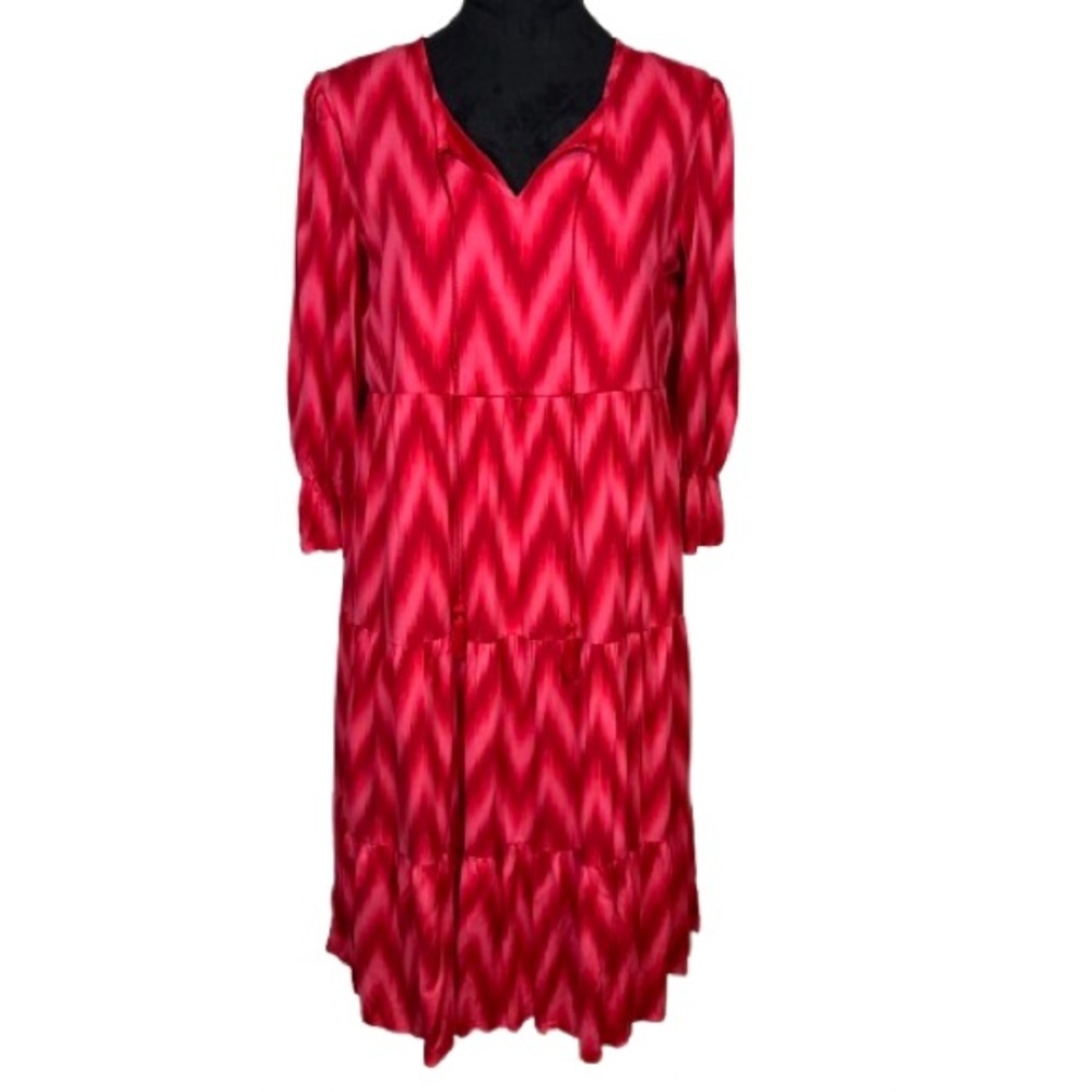 Indigo Soul Red Ikat Print Tiered Dress Size Small Boho Peasant Midi